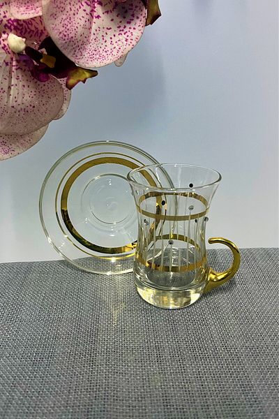 DECOSTYLE Pasabahce 62561 Thick Base Gold Patterned 12 Piece Tea Set 100 Cc