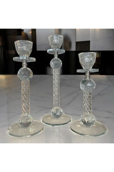Peramari Dekoratif Kristal Cam Üçlü İnce Uzun Metal Şamdan Gümüş