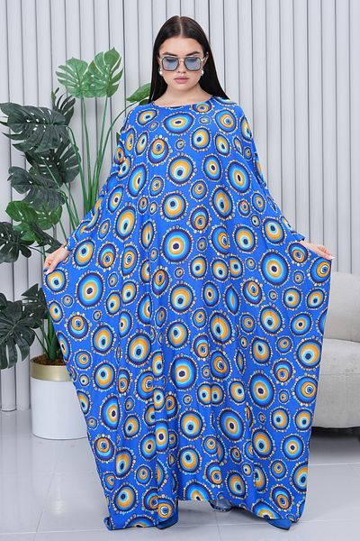 EL jadida Women's Patterned Oversize Plus Size Long Viscose Dress Blue