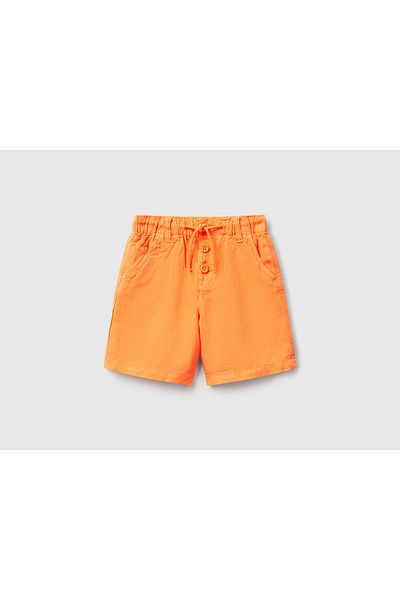 United Colors of Benetton Boys' Orange Lyocell and Linen Blend Buttoned Drawstring Bermuda Shorts