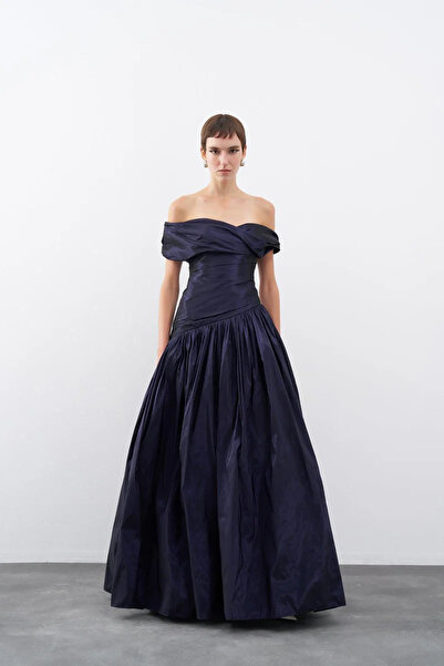 cercis Tafta Kayık Yaka Kabarık Uzun Abiye Elbise