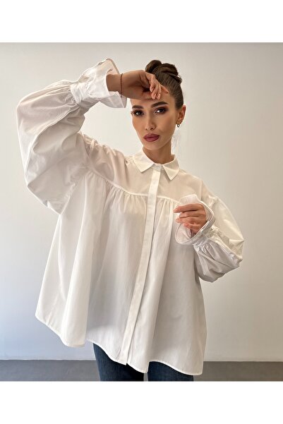 ossons Shirred Wide Sleeve Oversize Design Shirt