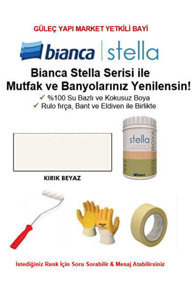 Bianca Stella Su Bazlı Saf Akrilik BOYA ( 1Lt Boya + Rulo fırça, Kağıt Bant ve Eldiven İle Birlikte)