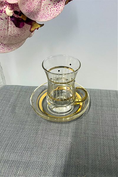 DECOSTYLE Pasabahce 62561 Thick Base Gold Patterned 12 Piece Tea Set 100 Cc