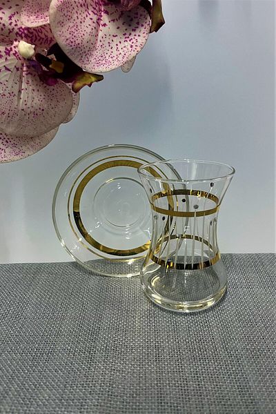 DECOSTYLE Pasabahce İncebelli 125 Cc Gold Detail Printed 12 Piece Tea Set