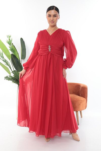 MİSS DİAMOND Red Long Dress with Stone Embroidery and Flower Detail on the Shoulder