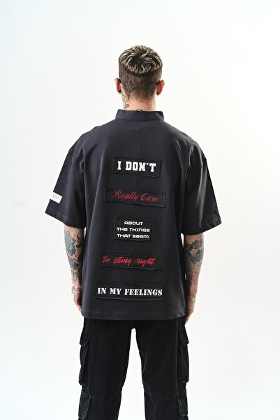 Respire Erkek I Don't Nakışlı Oversize T-Shirt Füme