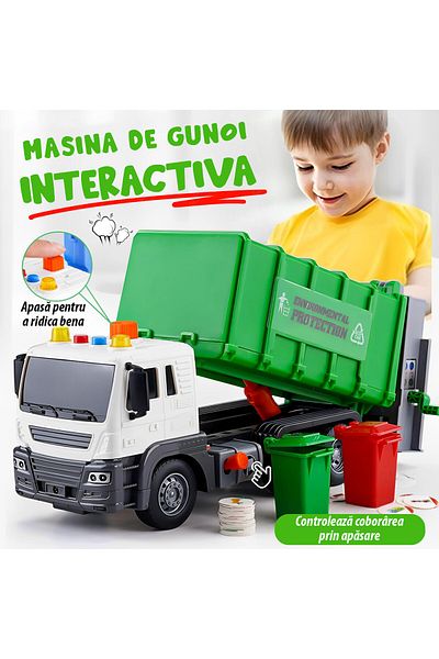 Pitikot Masina de gunoi Pitikot®, LED, sunete, container mobil, 2 tomberoane si carduri reciclare, verde