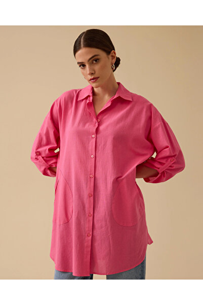 SEÇİL Keten Görünümlü Düğmeli Oversize Gömlek