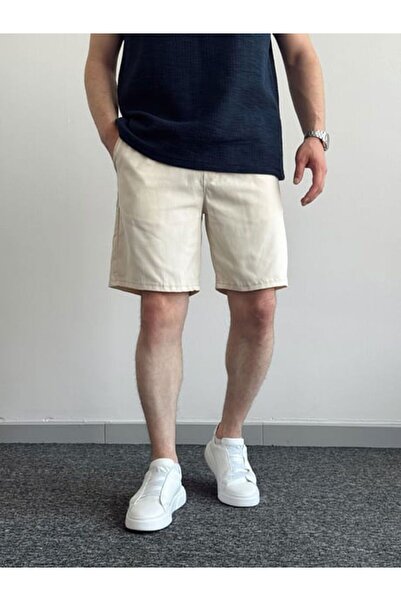 Oliggopol Men's Cream Gabardine Fabric Shorts Premium Quality Elastic Waist Detail Capri