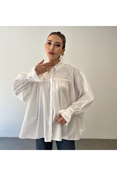 ossons Shirred Wide Sleeve Oversize Design Shirt