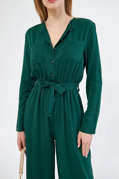 Kentsoylu Women's Emerald Elastic Waist Pocket Belt Long Sleeve Shirt Collar Relaxed Fit Jumpsuit 3297451
