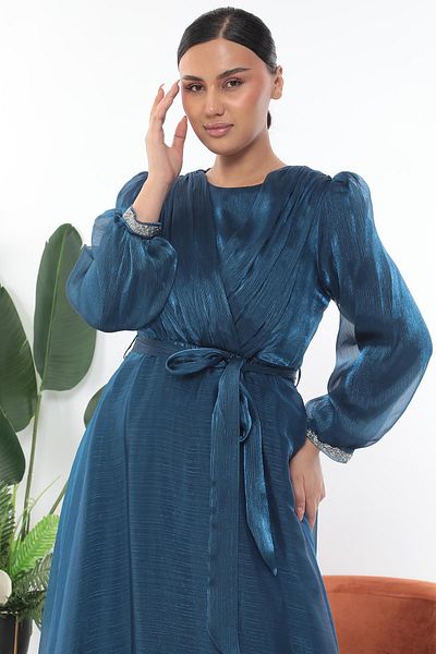 MİSS DİAMOND Elegant Belted Blue Long Dress with Long Sleeves