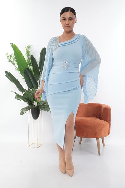 MİSS DİAMOND Stylish Ice Blue Short Dress with Stone Embroidered Belt on the Shoulder