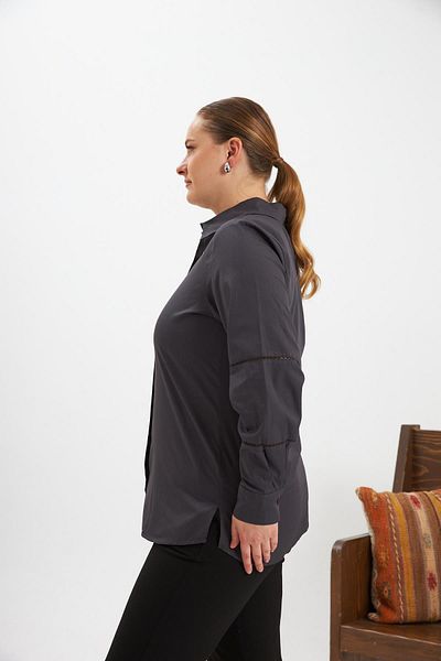 RMG Large Size Shirt with Crochet Sleeve Detail Anthracite