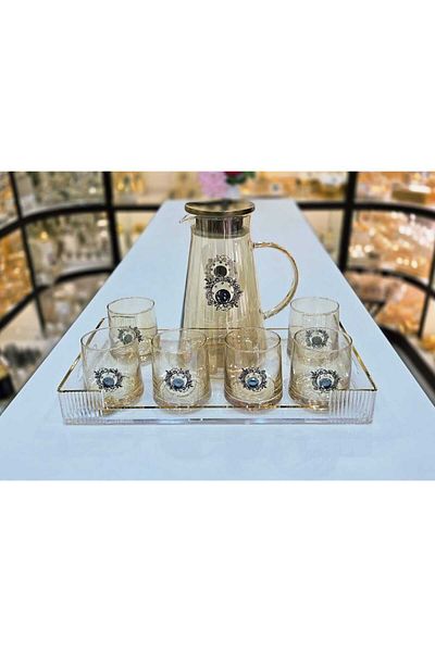 D&H Luxury Glass Jug Set With 6 Glasses And Acrylic Tray Elegant Gold Finish With Black Accents
