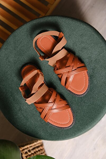 Oksit Liqqa Cross Leather Detailed Elastic Women's Sandals