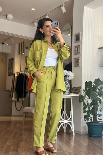 Unique Boutique Olive Linen Textured Bottom-Top Set