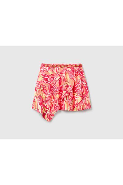 United Colors of Benetton Girl's Orange 100% Viscose Patterned Asymmetrical Flared Skirt with Elastic Waist