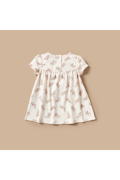 Juniors All-Over Bunny Print A-line Dress with Bow Detail