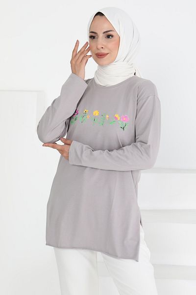 TOFİSA Women's Crew Neck Floral Printed Tunic Light Gray - 27197