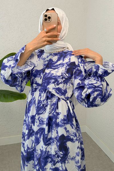 Salih Çelebi Ebruli Pattern Hijab Dress 2328 - Blue