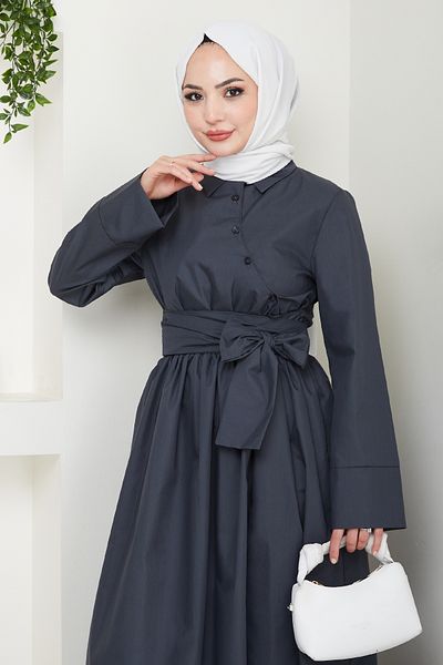 InStyle Asymmetric Button Detailed Anthracite Dress