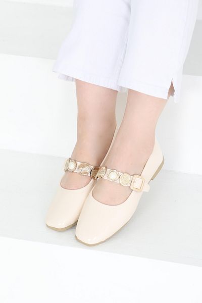 TOFİSA Women's Cream Patent Leather Pearl Ballerina Shoes - 27288