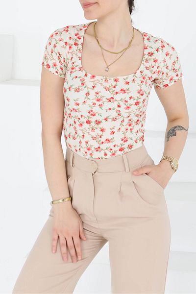 TOFİSA Oval Neck Floral Patterned Blouse Ecru - 27279
