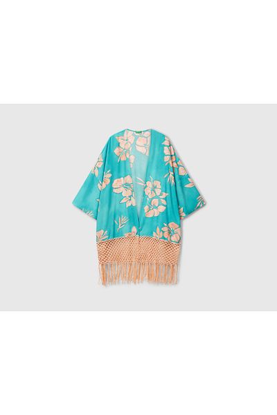 United Colors of Benetton Women's Turquoise Cotton and Viscose Blended Patterned Kimono with Tassel Detail