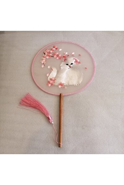 Butik Tülin Otantik çok renkli floş iplik nakışlı beyaz kedi çiçek ahşap sapl...