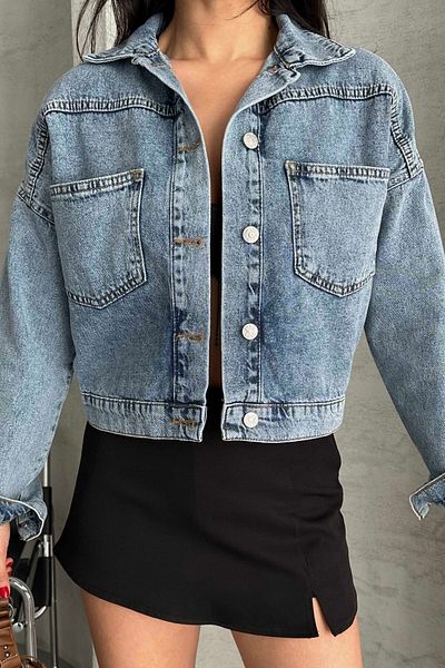 TOFİSA Double Pocket Demin Crop Jacket Blue - 27271