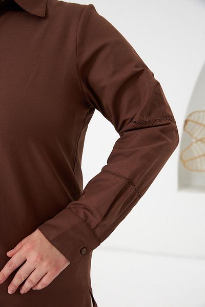 RMG Large Size Shirt with Crochet Sleeve Detail Brown