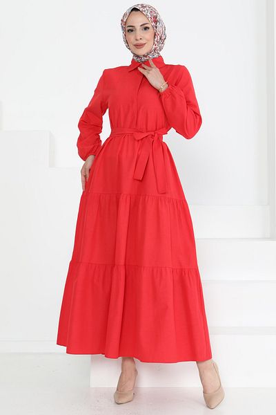 TOFİSA Rochie stratificată cu curea roșie - 27283