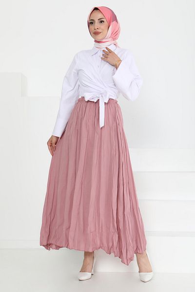 TOFİSA Elastic Waist Crinkle Skirt Rose - 27013