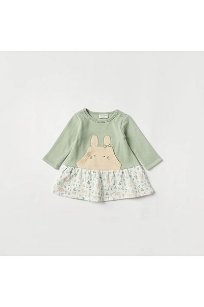 Juniors Bunny Applique Dress with Long Sleeves and Snap Button Closure