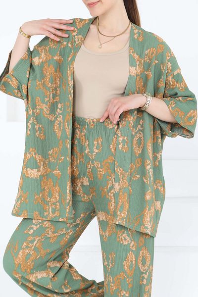 TOFİSA Patterned Kimono Set Khaki - 27287