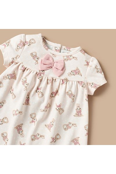 Juniors All-Over Bunny Print A-line Dress with Bow Detail