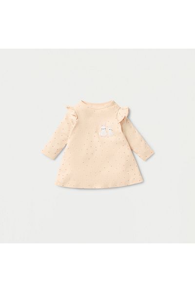 Juniors Bunny Applique Ribbed Dress with Ruffle Detail and Long Sleeves