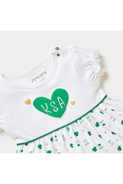 Juniors KSA National Day Print A-line Dress with Puff Sleeves
