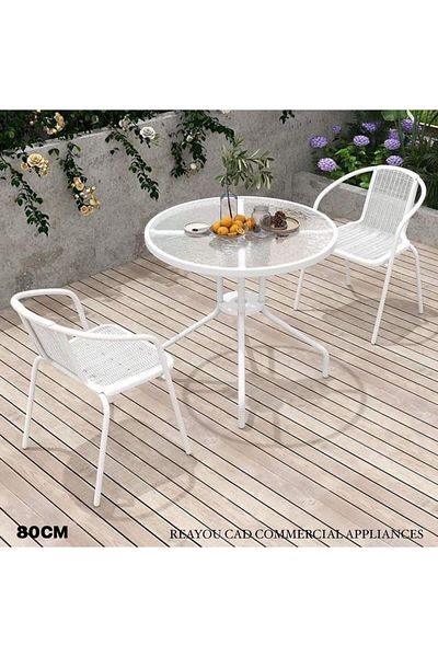 Generic Stylish Round Patio Table with Tempered Glass Top and Durable Metal Frame (WHITE)
