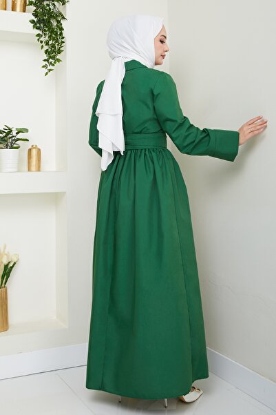 InStyle Asymmetrical Button Detailed Emerald Green Dress