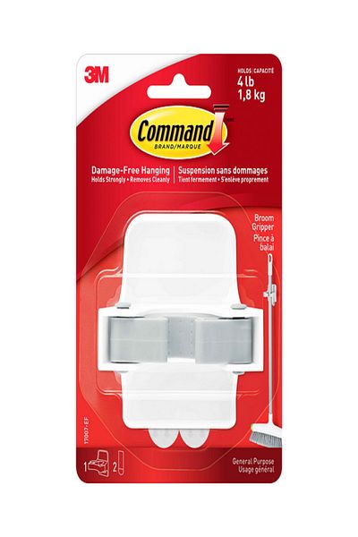 3M Command Self-Adhesive Damage-Free Elegant Durable Plastic Broom Gripper with 2 Strips White