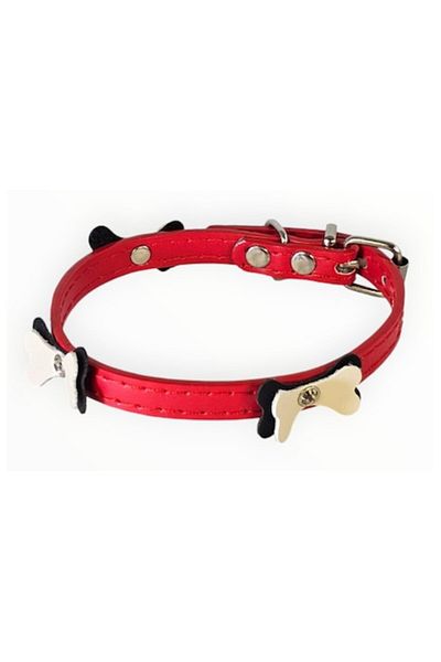 OEM Dog Collar for Small Dogs, Leather, Black with Bow Design and Crystals, 29 cm, Red/Black/Cream