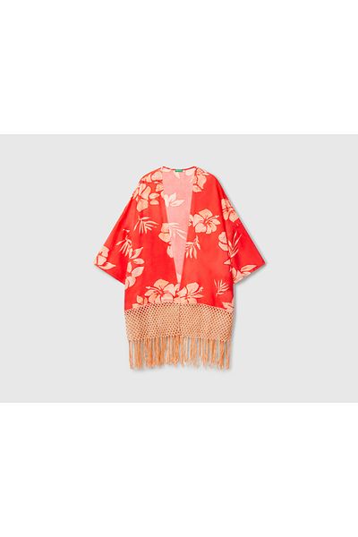 United Colors of Benetton Women's Orange Cotton and Viscose Blended Patterned Kimono with Tassel Detail