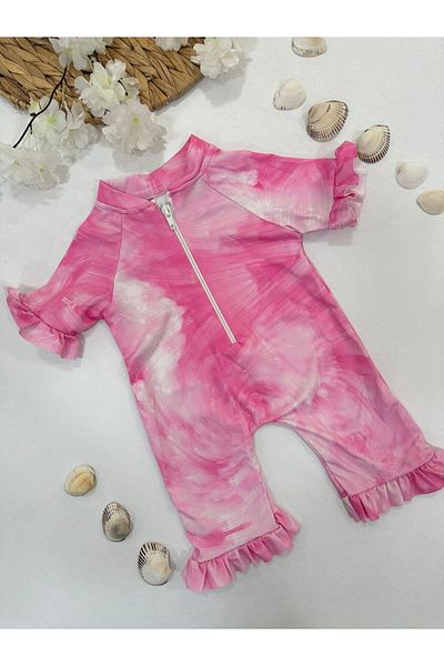ChibuumKids Pink Brush Patterned Girl's Swimsuit Jumpsuit