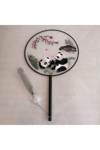 Butik Tülin Otantik çok renkli floş iplik nakışlı panda çift ahşap saplı ev y...