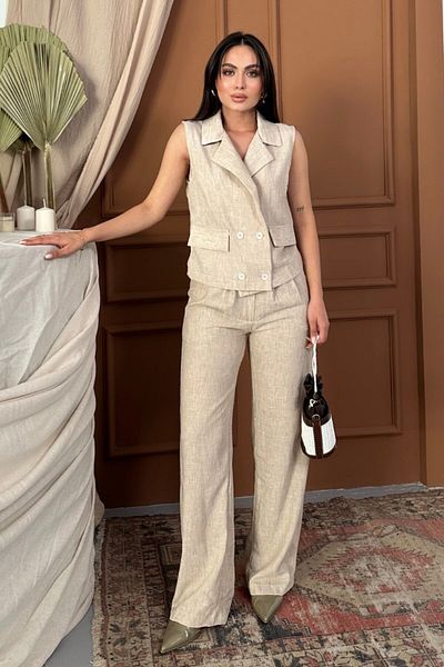 spirituel Women's Bottom Top Set Linen Button and Pocket Detail Double Breasted Collar Vest Wide Leg Pants Set