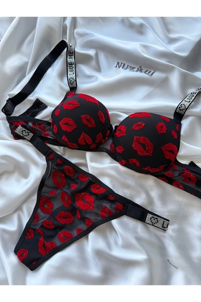 Nuzabi Set sutien Kiss negru cu roșu, cu burete și model buze