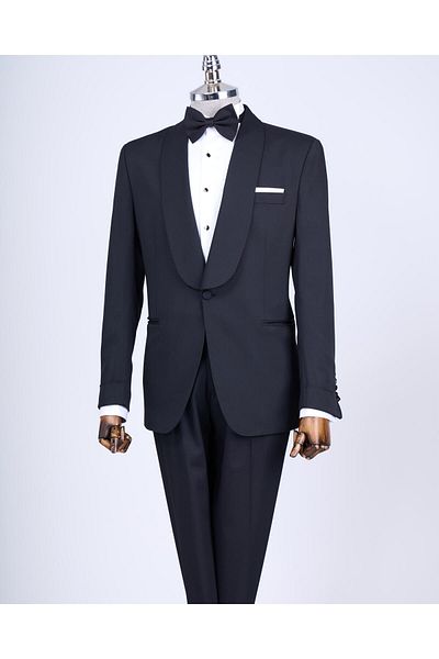 TerziAdemAltun Italian Cut Slim Fit Shawl Collar Jacket Pants Groom Suit Set Black T13634